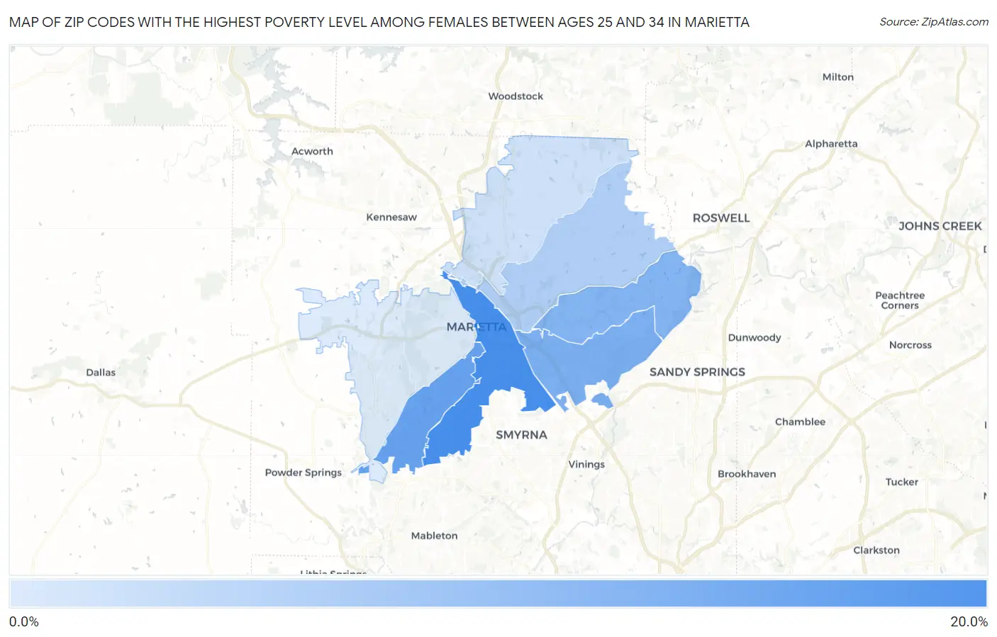 Zip Codes with the Highest Poverty Level Among Females Between Ages 25 and 34 in Marietta Map