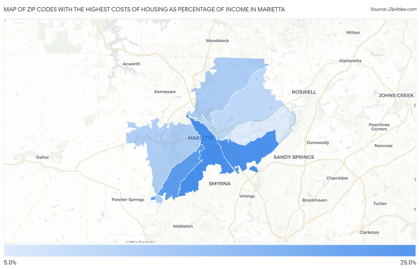 Zip Codes with the Highest Costs of Housing as Percentage of Income in Marietta Map