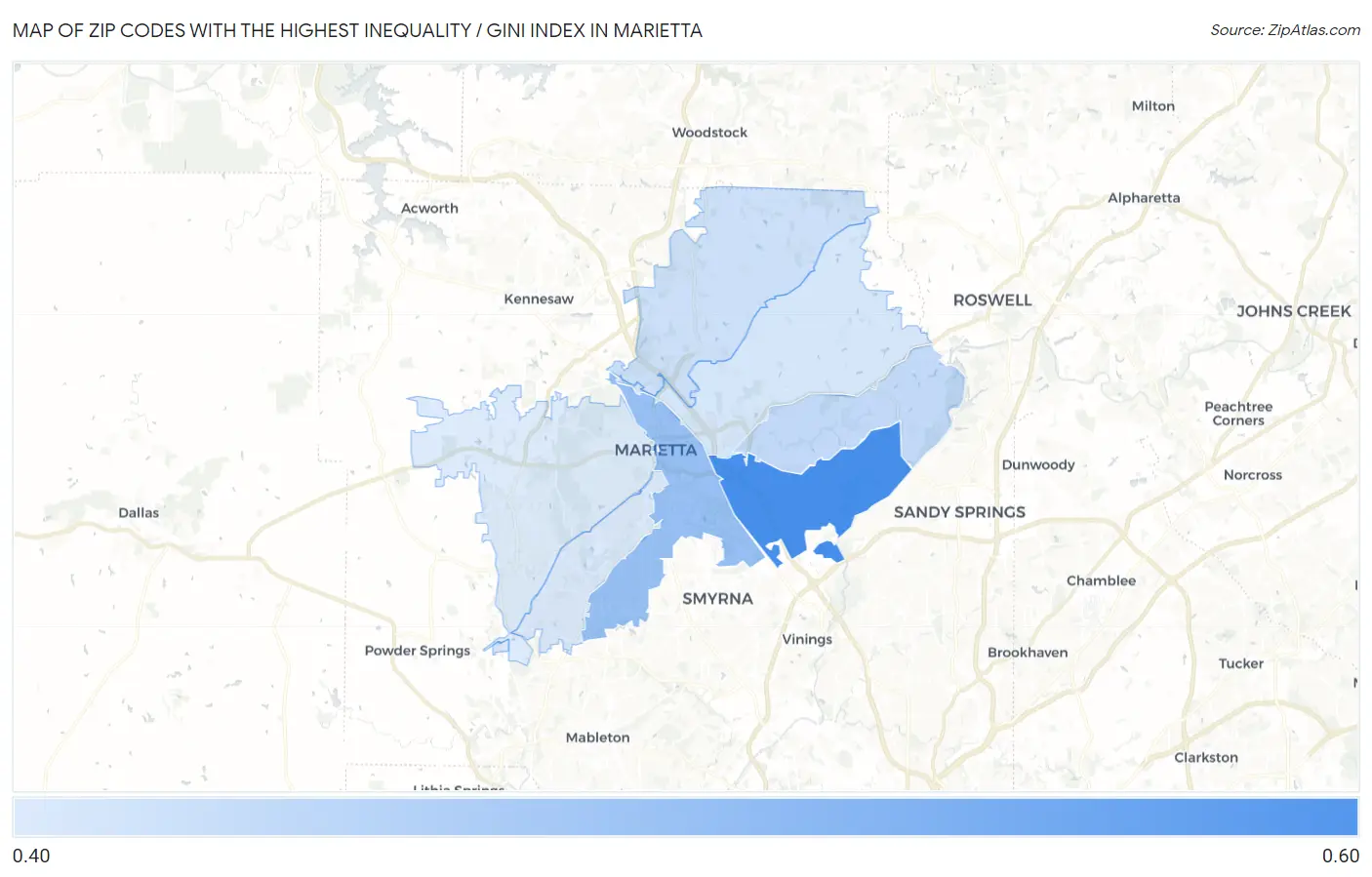 Zip Codes with the Highest Inequality / Gini Index in Marietta Map