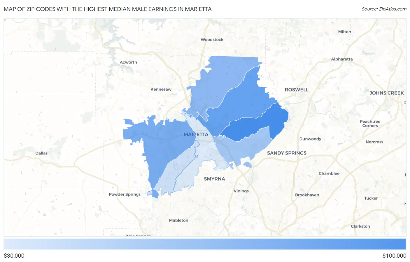Zip Codes with the Highest Median Male Earnings in Marietta Map