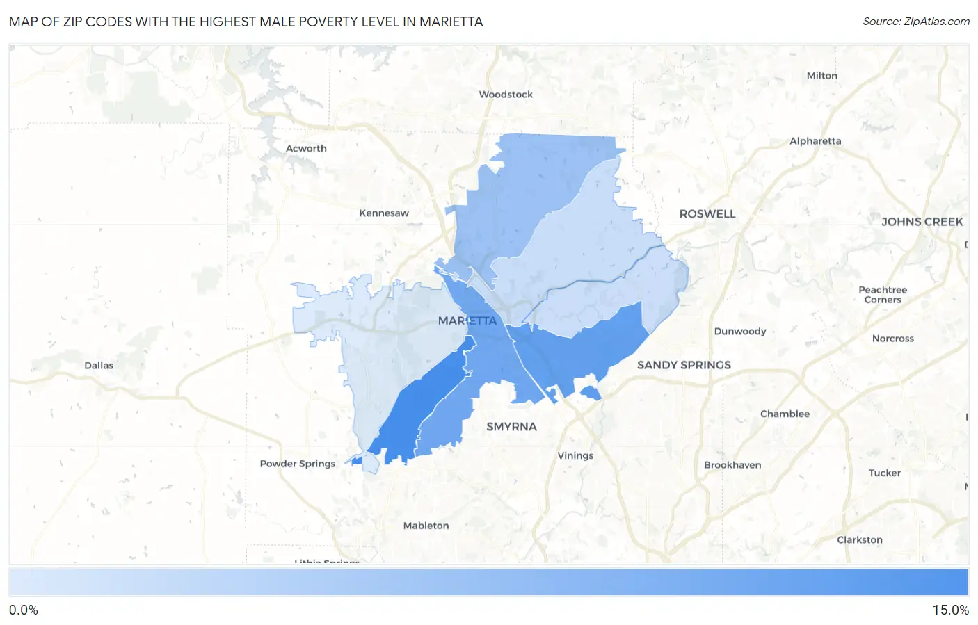 Zip Codes with the Highest Male Poverty Level in Marietta Map