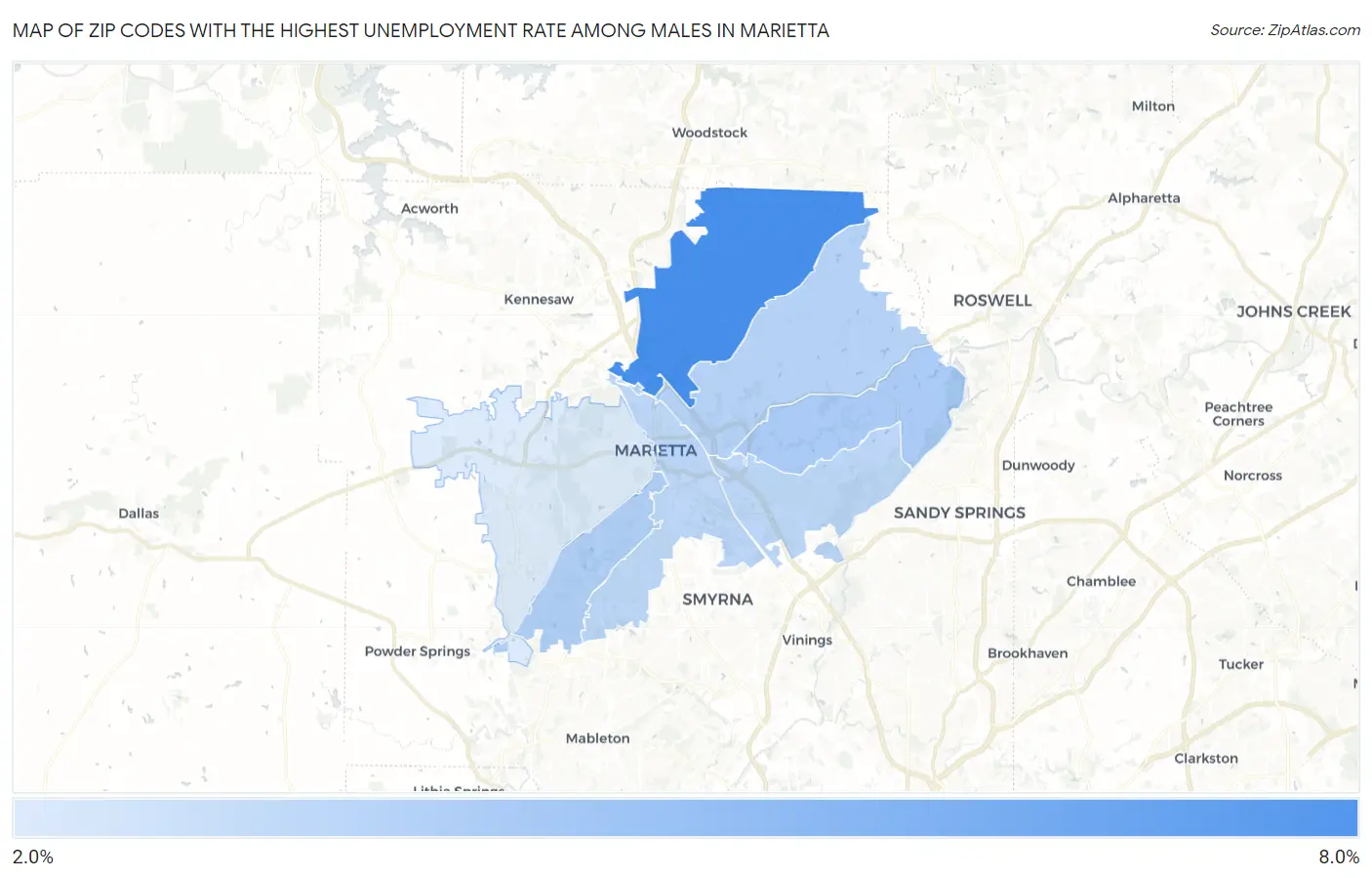 Zip Codes with the Highest Unemployment Rate Among Males in Marietta Map