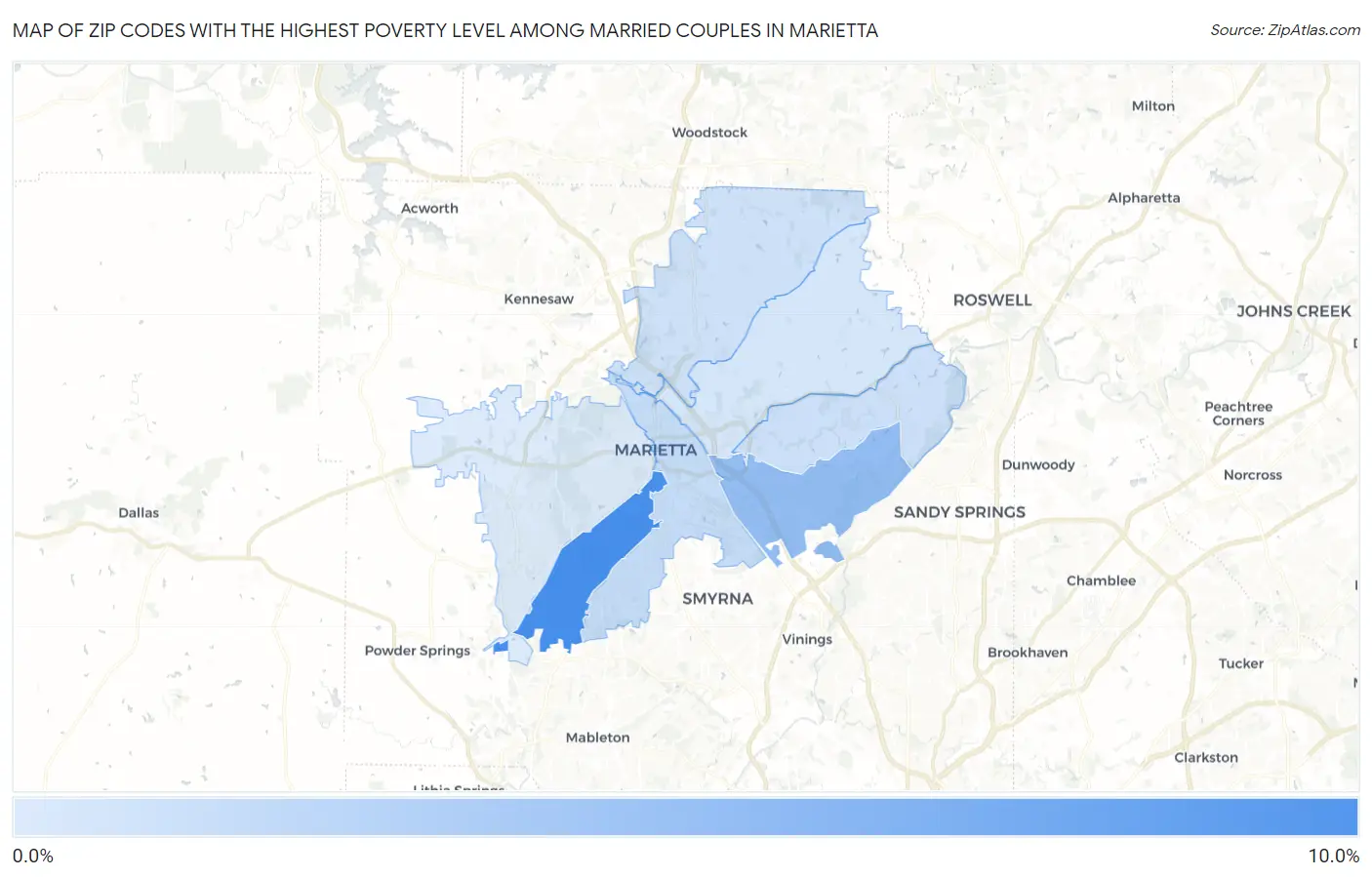 Zip Codes with the Highest Poverty Level Among Married Couples in Marietta Map