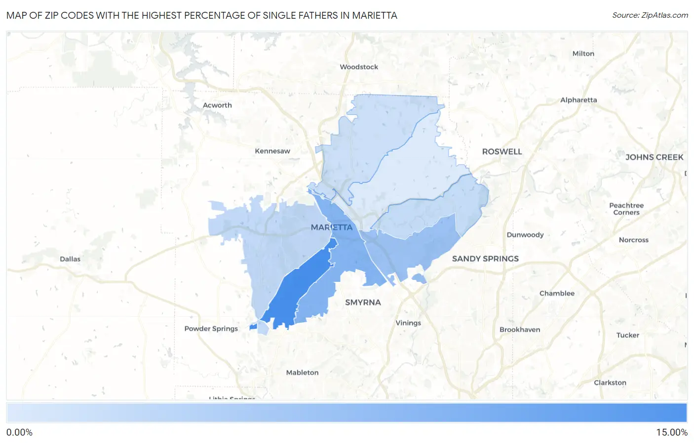 Zip Codes with the Highest Percentage of Single Fathers in Marietta Map