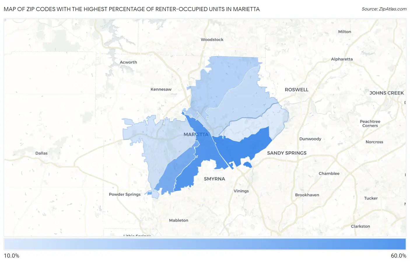 Zip Codes with the Highest Percentage of Renter-Occupied Units in Marietta Map