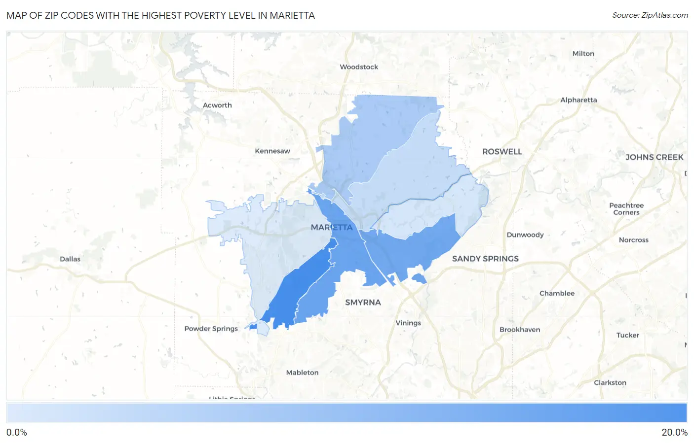Zip Codes with the Highest Poverty Level in Marietta Map