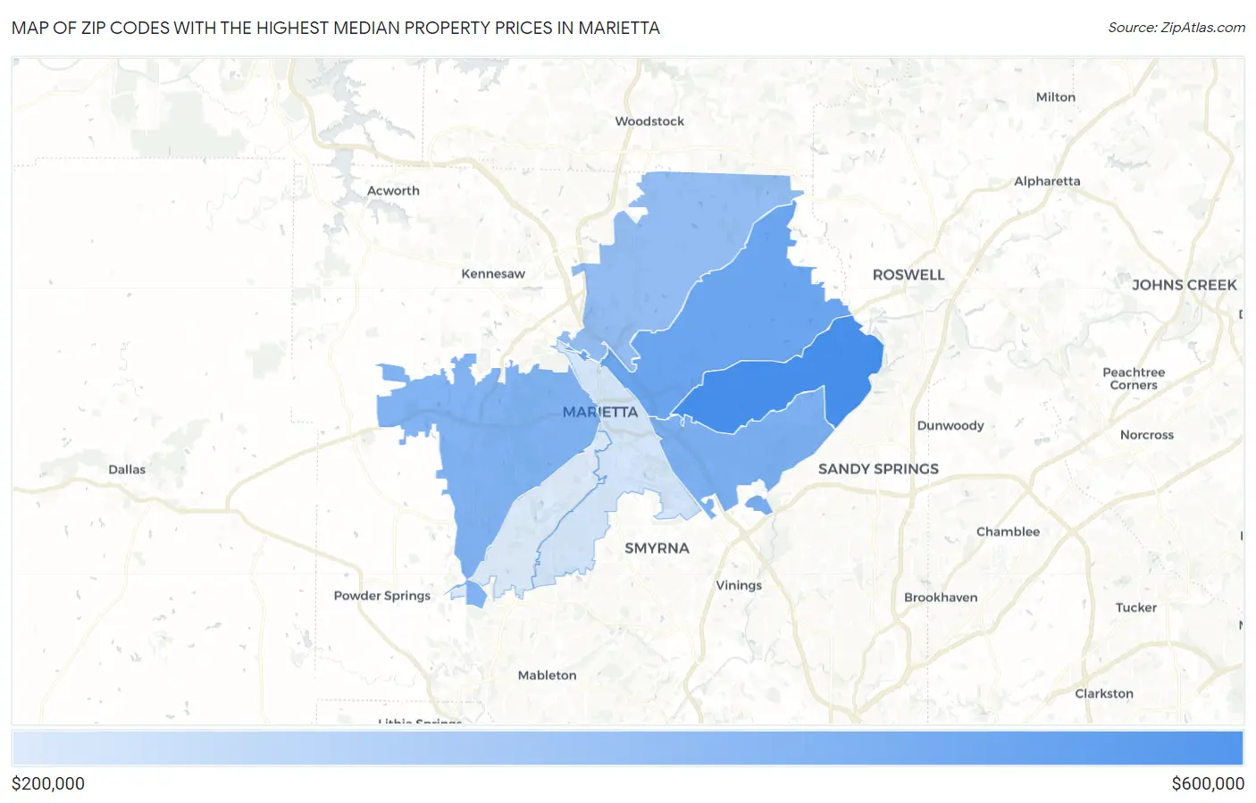 Zip Codes with the Highest Median Property Prices in Marietta Map
