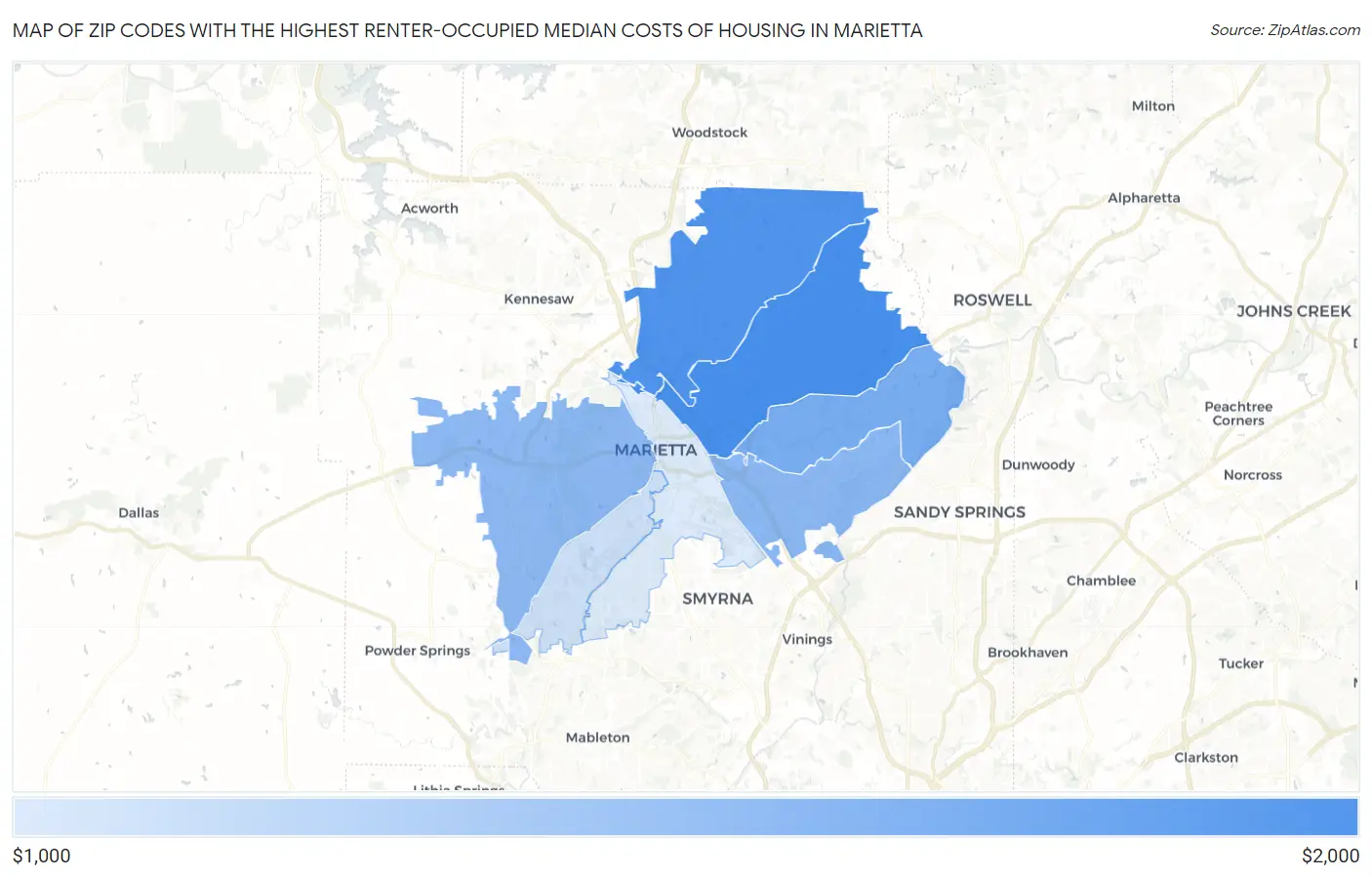 Zip Codes with the Highest Renter-Occupied Median Costs of Housing in Marietta Map