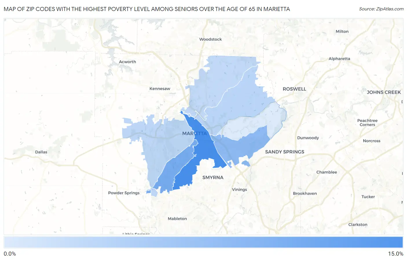 Zip Codes with the Highest Poverty Level Among Seniors Over the Age of 65 in Marietta Map