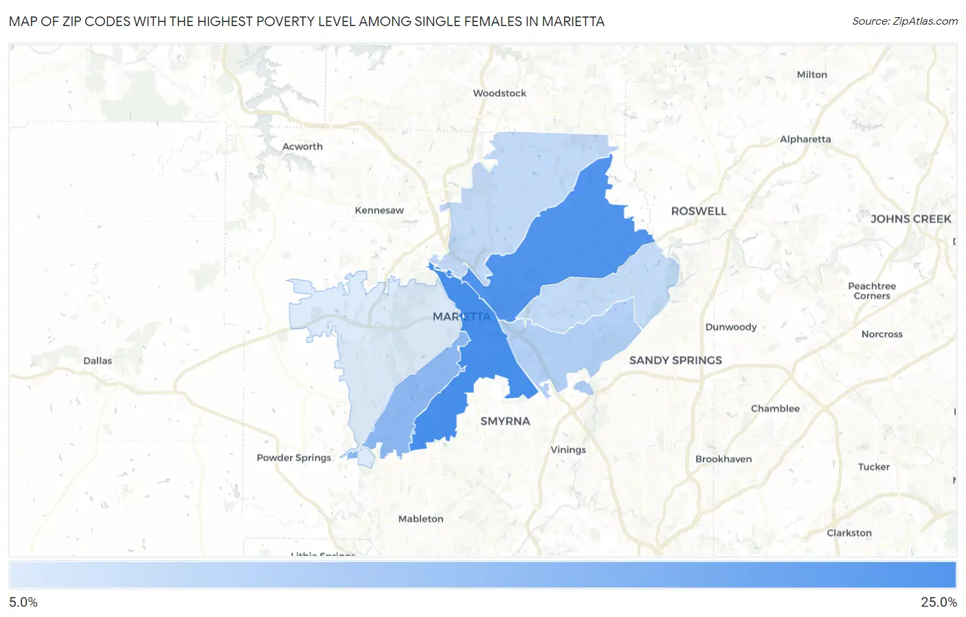 Zip Codes with the Highest Poverty Level Among Single Females in Marietta Map