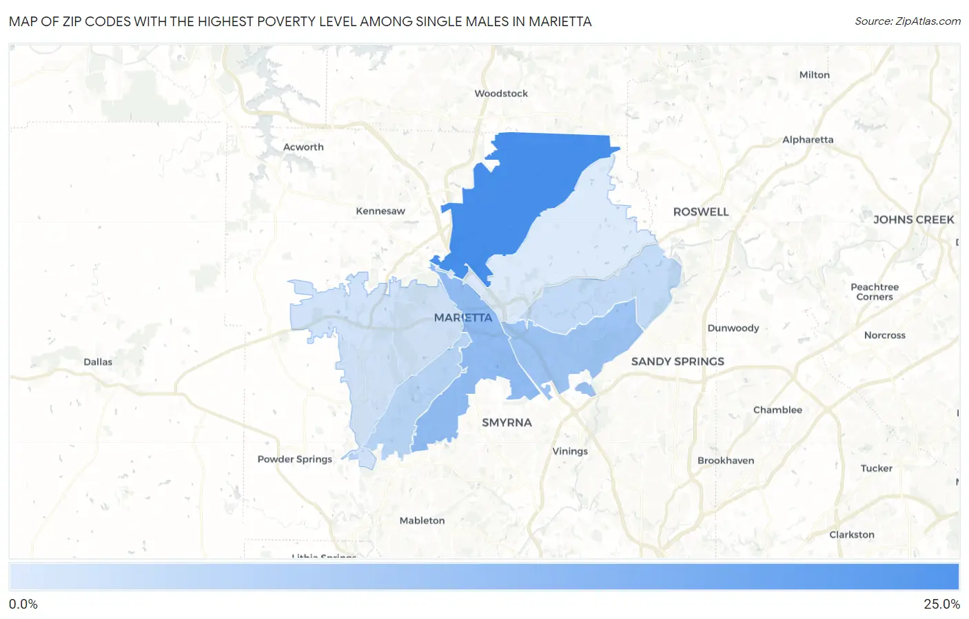 Zip Codes with the Highest Poverty Level Among Single Males in Marietta Map