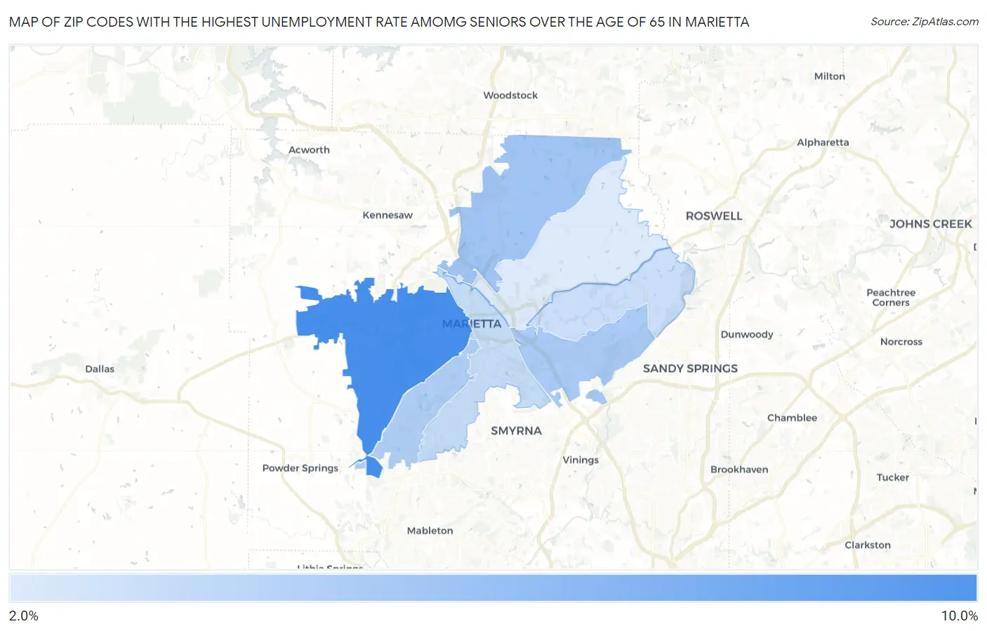 Zip Codes with the Highest Unemployment Rate Amomg Seniors Over the Age of 65 in Marietta Map
