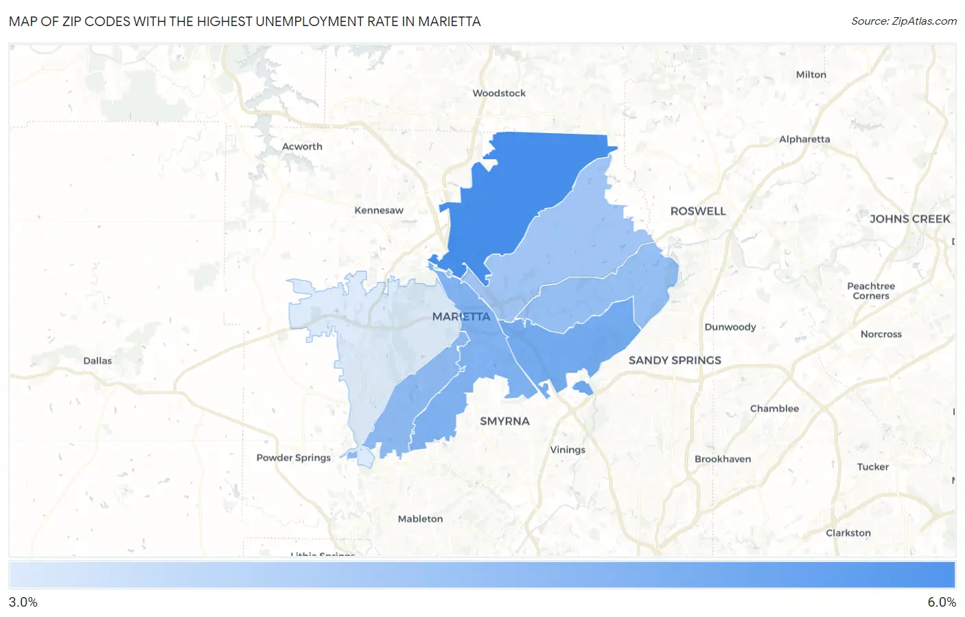 Zip Codes with the Highest Unemployment Rate in Marietta Map