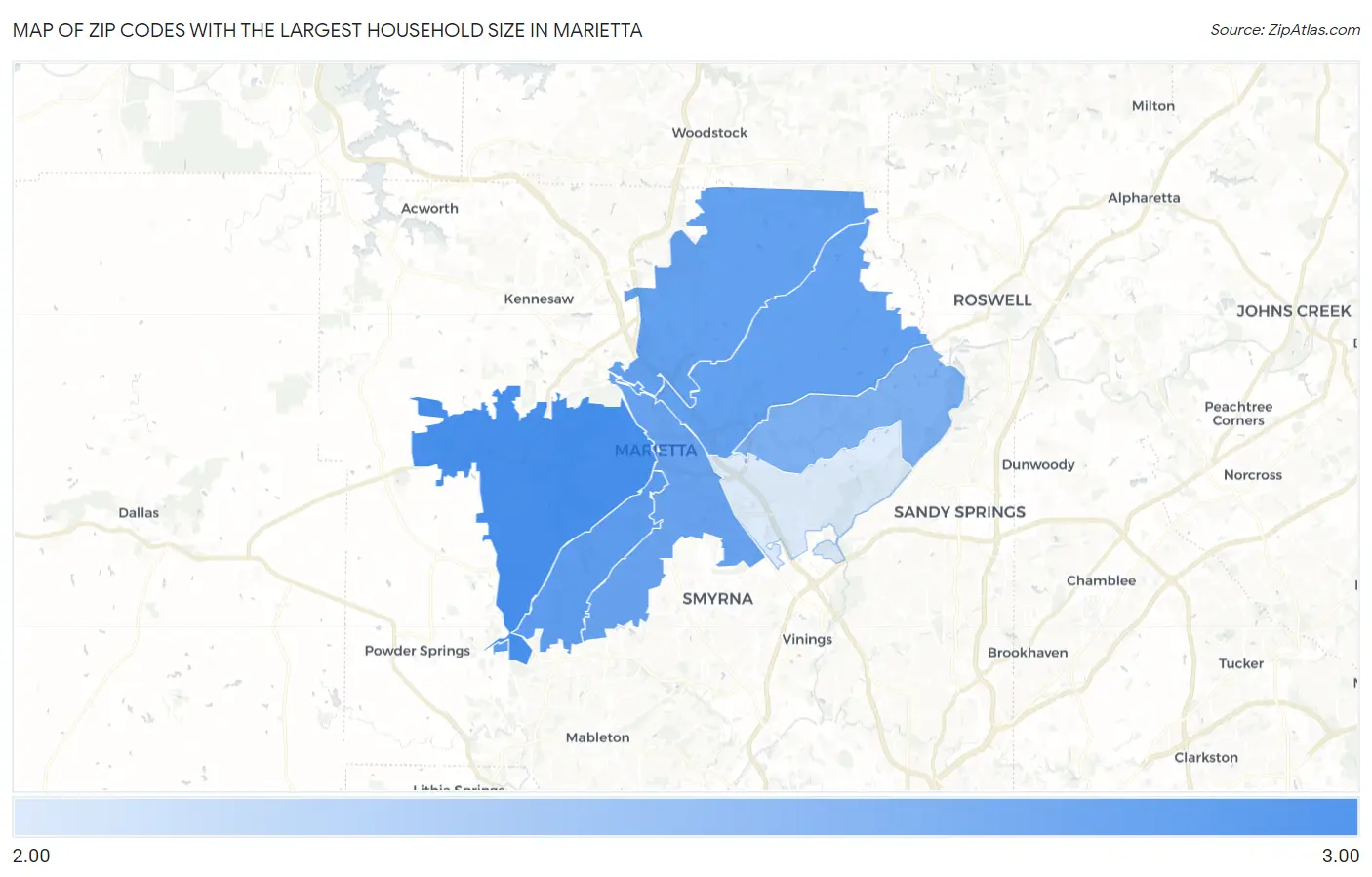 Zip Codes with the Largest Household Size in Marietta Map