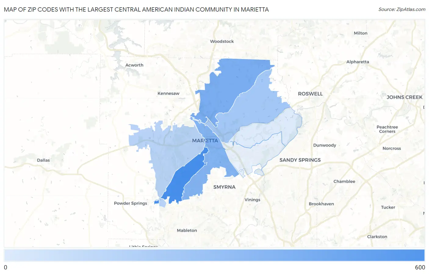 Zip Codes with the Largest Central American Indian Community in Marietta Map