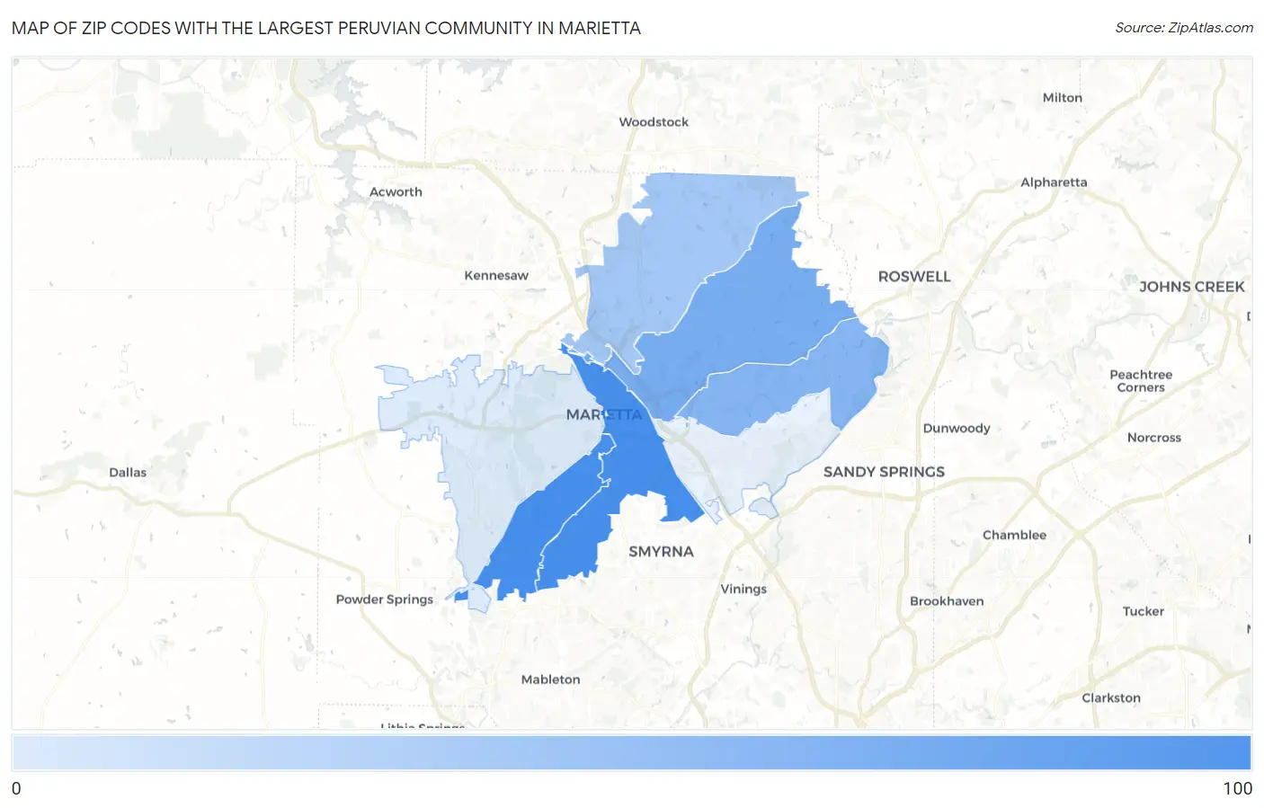 Zip Codes with the Largest Peruvian Community in Marietta Map