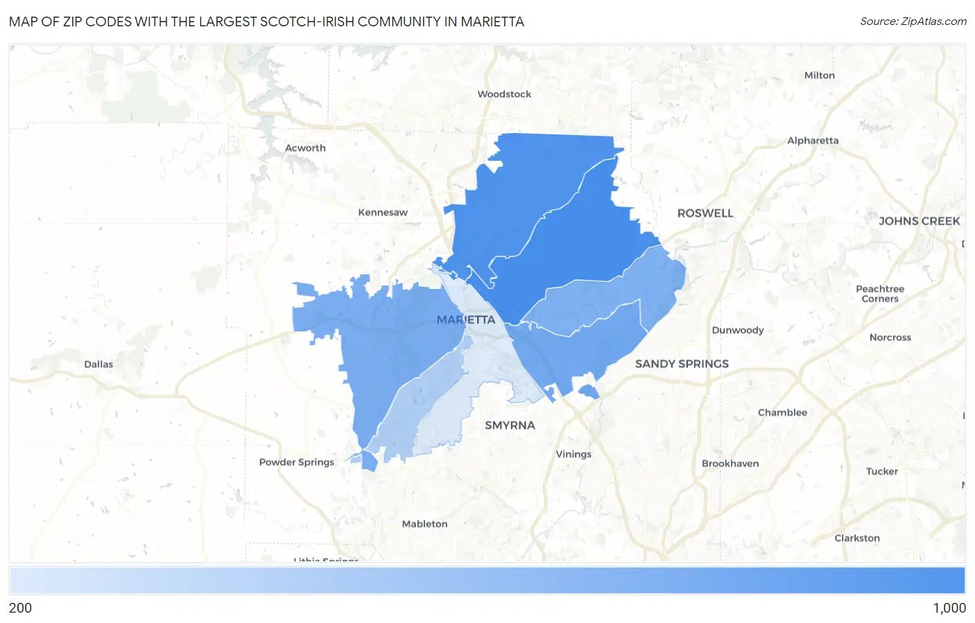 Zip Codes with the Largest Scotch-Irish Community in Marietta Map