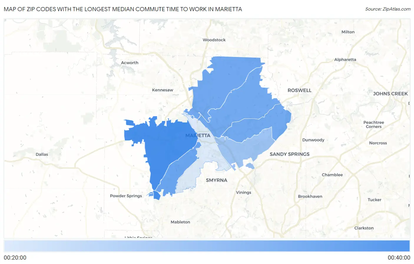 Zip Codes with the Longest Median Commute Time to Work in Marietta Map