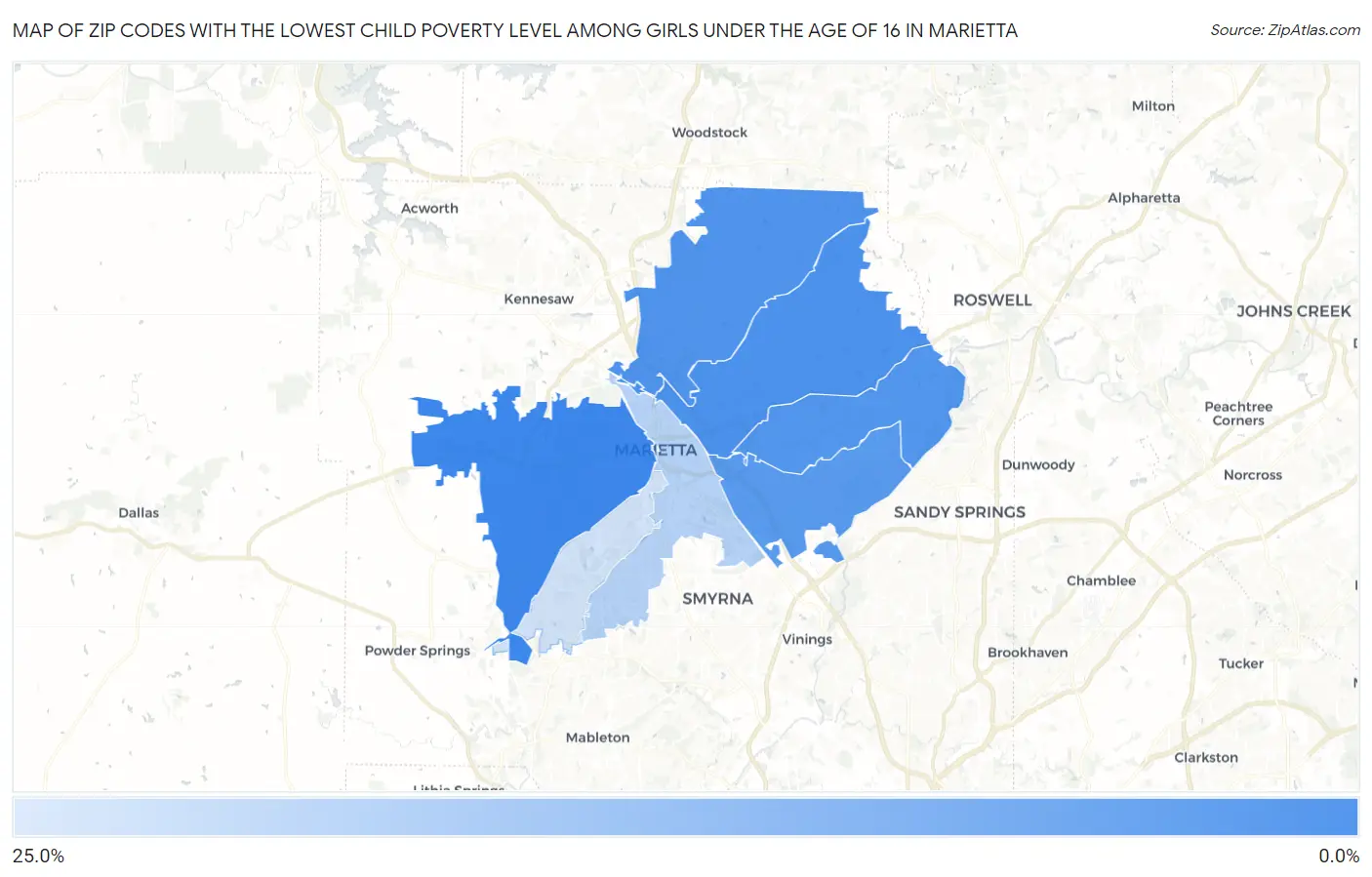 Zip Codes with the Lowest Child Poverty Level Among Girls Under the Age of 16 in Marietta Map