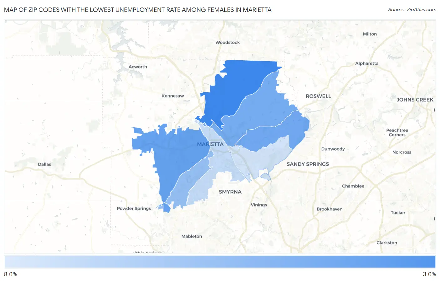 Zip Codes with the Lowest Unemployment Rate Among Females in Marietta Map