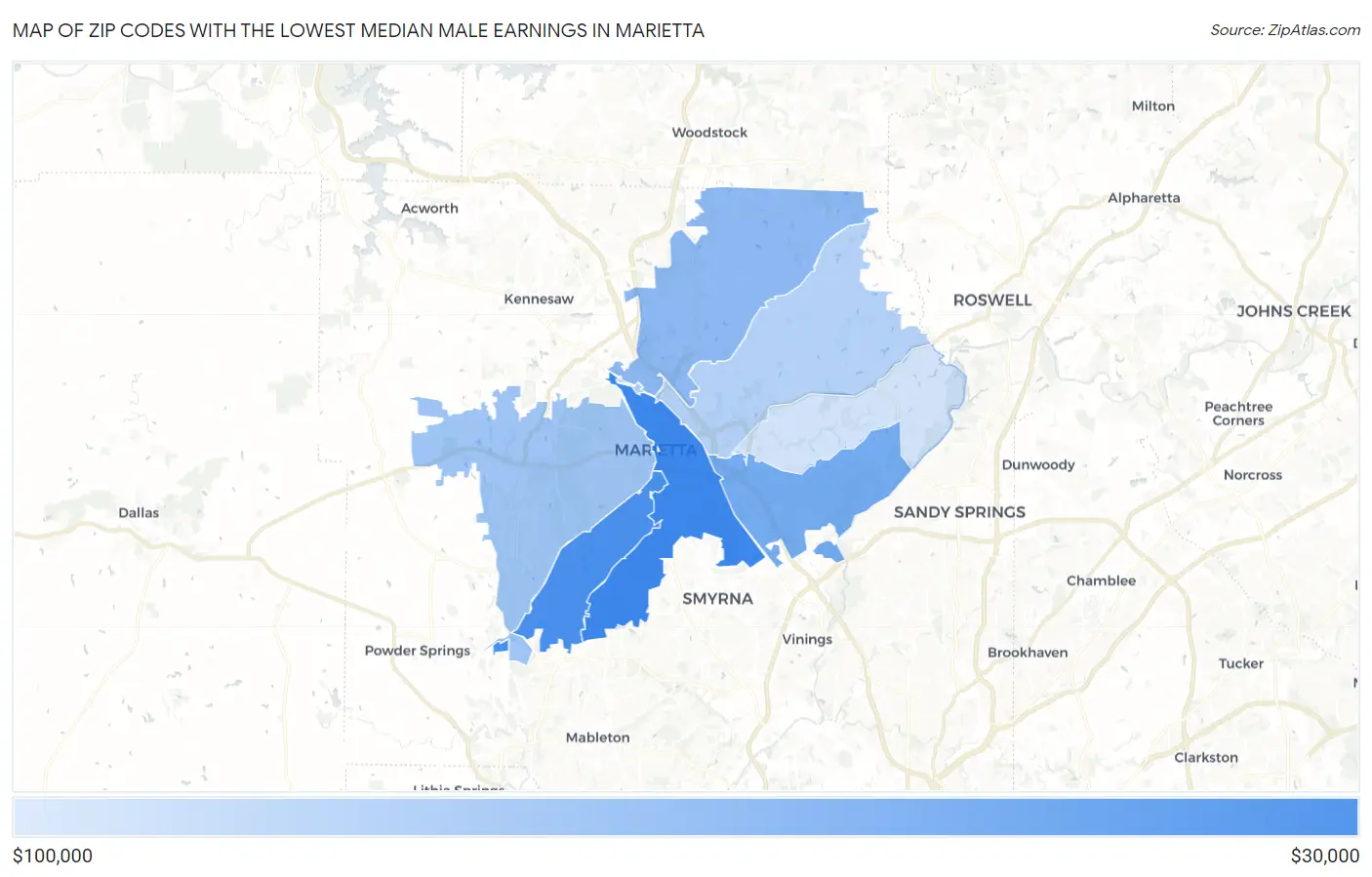 Zip Codes with the Lowest Median Male Earnings in Marietta Map