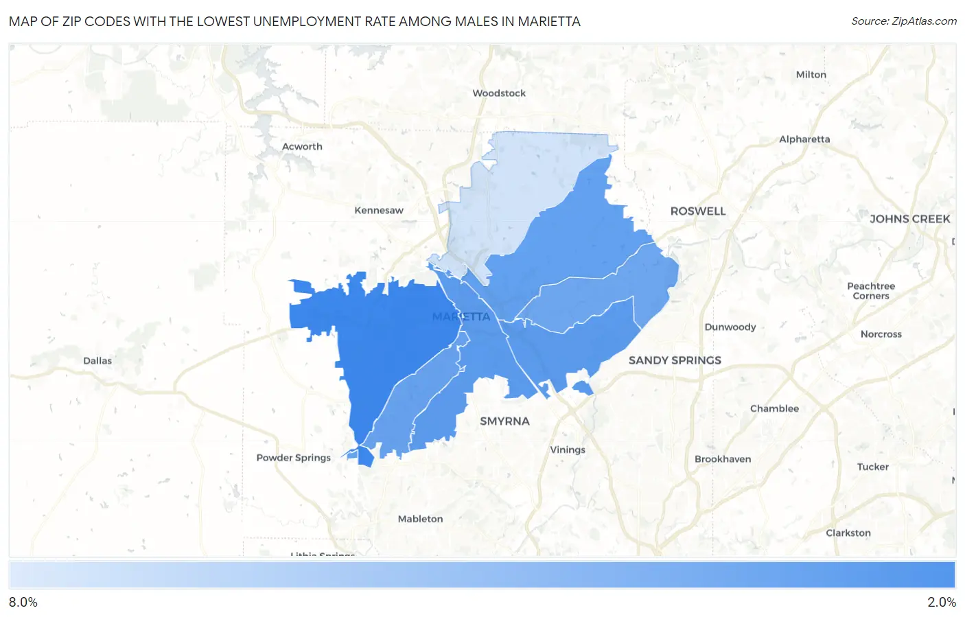 Zip Codes with the Lowest Unemployment Rate Among Males in Marietta Map