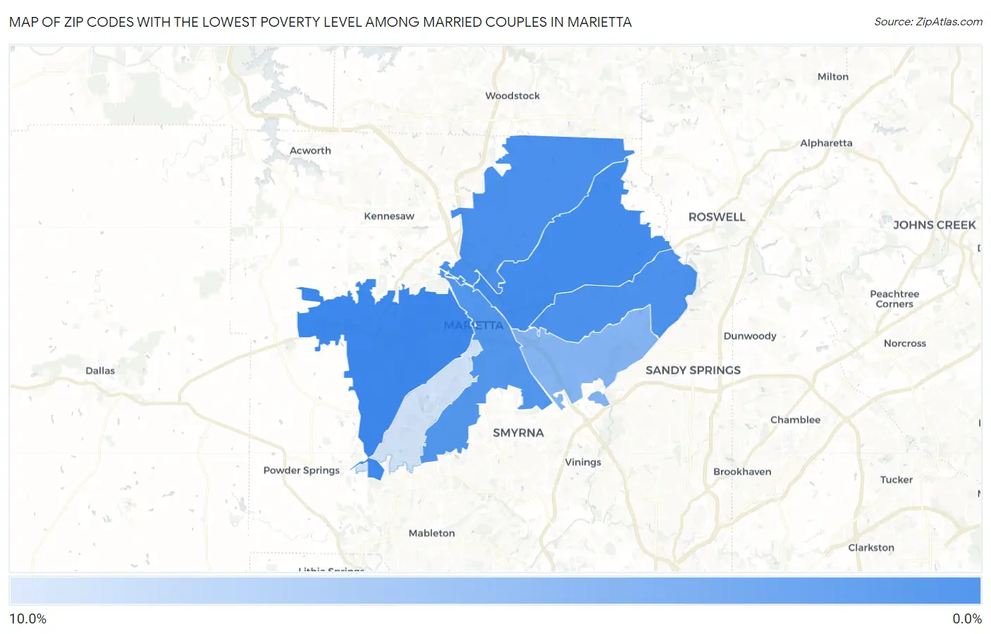 Zip Codes with the Lowest Poverty Level Among Married Couples in Marietta Map