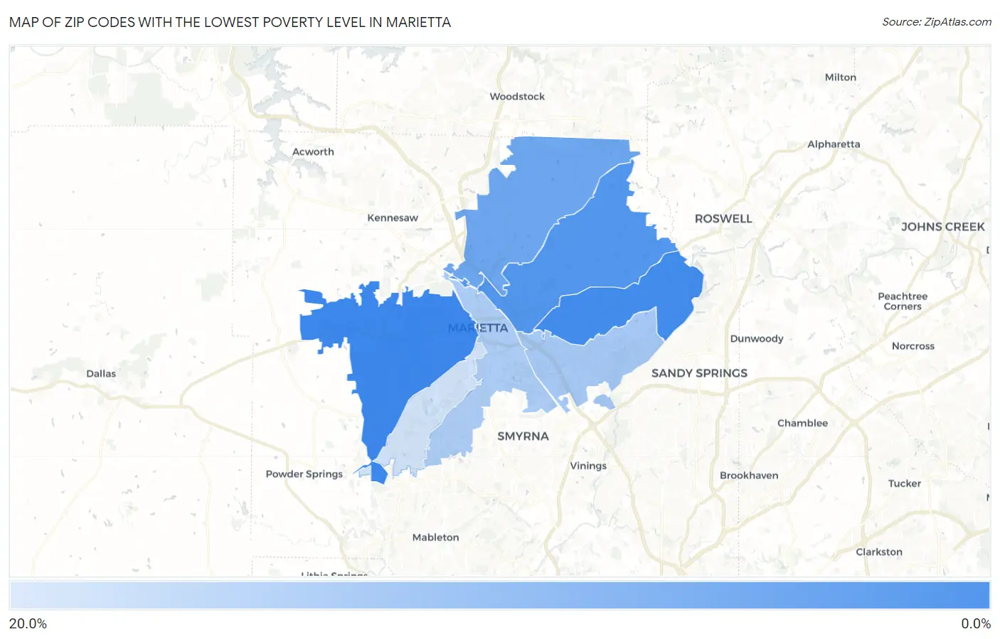 Zip Codes with the Lowest Poverty Level in Marietta Map