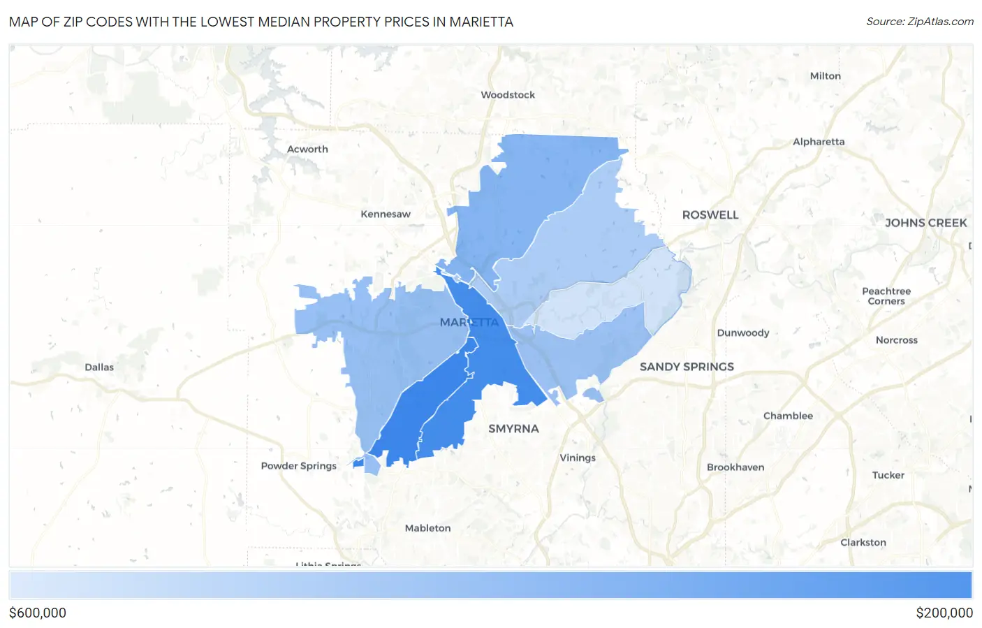 Zip Codes with the Lowest Median Property Prices in Marietta Map