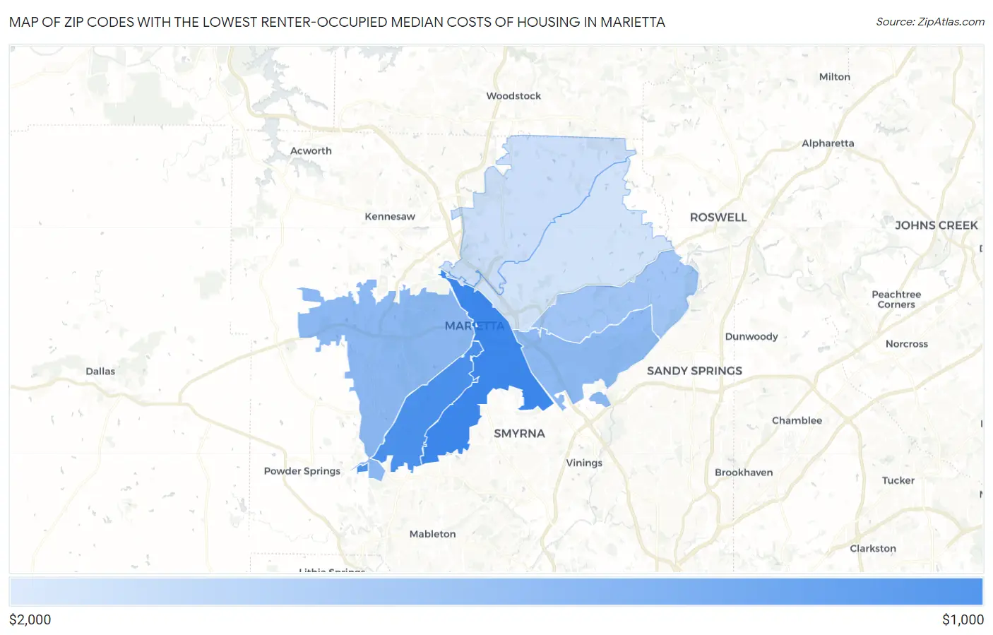 Zip Codes with the Lowest Renter-Occupied Median Costs of Housing in Marietta Map