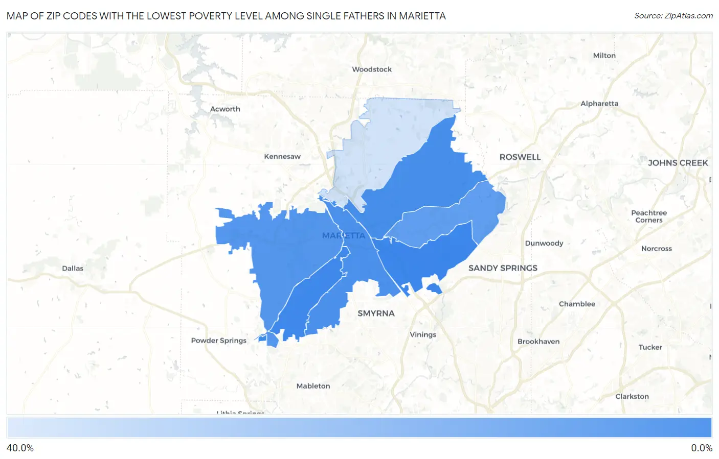Zip Codes with the Lowest Poverty Level Among Single Fathers in Marietta Map