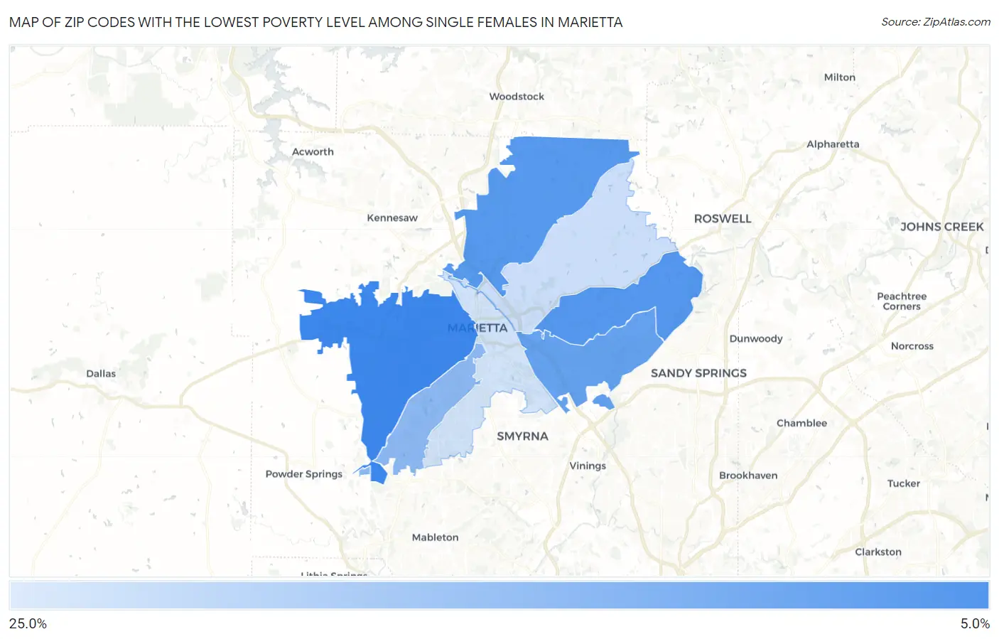Zip Codes with the Lowest Poverty Level Among Single Females in Marietta Map