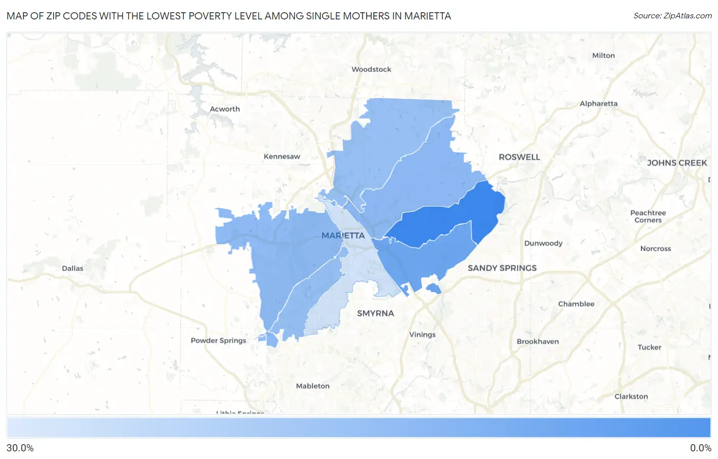 Zip Codes with the Lowest Poverty Level Among Single Mothers in Marietta Map
