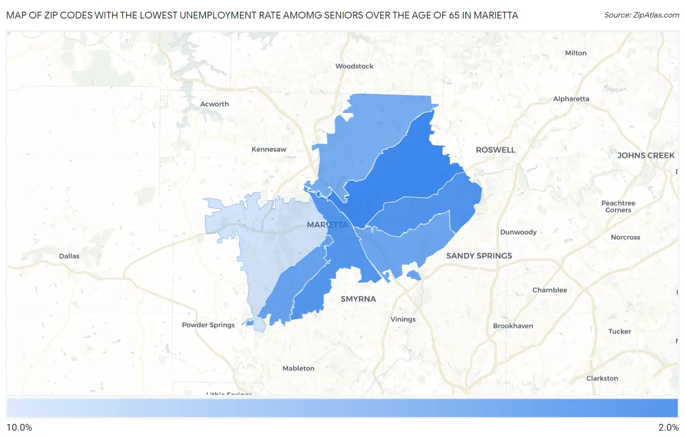 Zip Codes with the Lowest Unemployment Rate Amomg Seniors Over the Age of 65 in Marietta Map