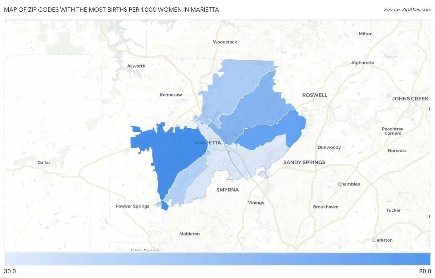 Zip Codes with the Most Births per 1,000 Women in Marietta Map