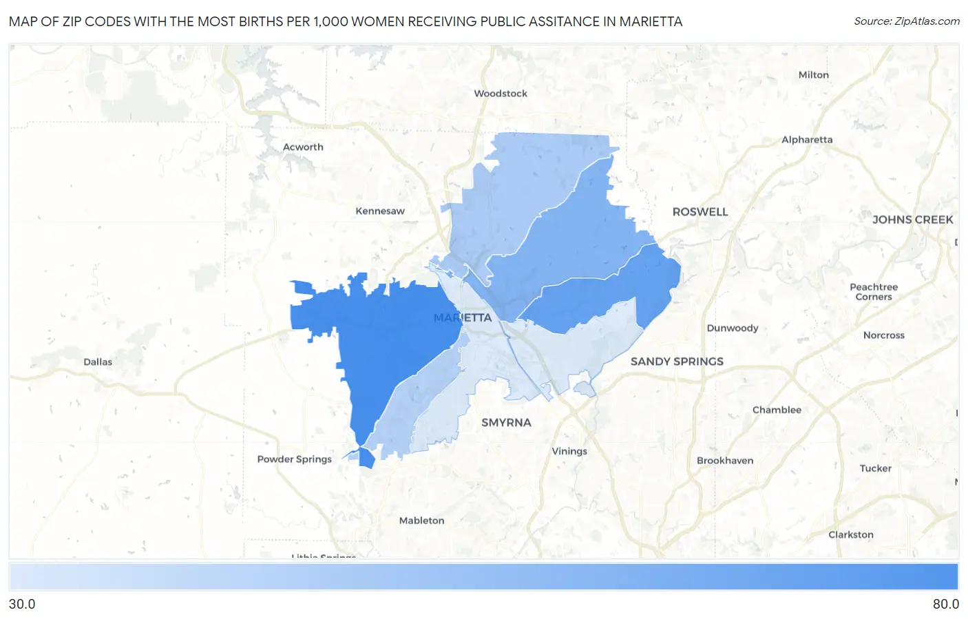 Zip Codes with the Most Births per 1,000 Women Receiving Public Assitance in Marietta Map