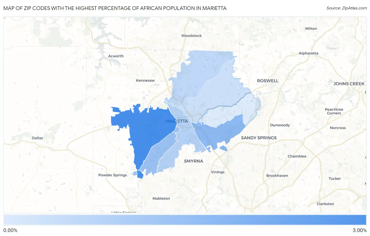 Zip Codes with the Highest Percentage of African Population in Marietta Map