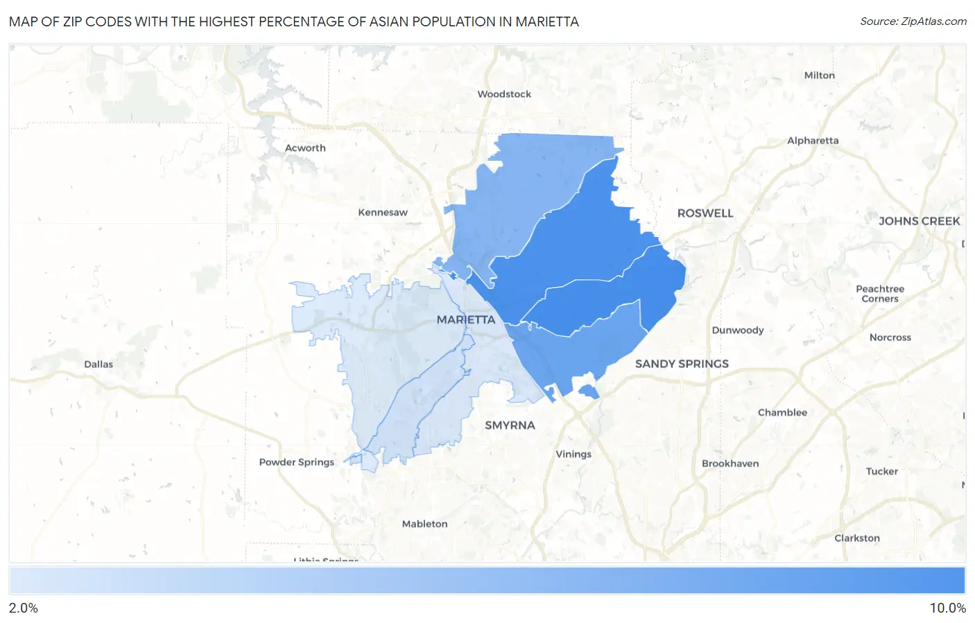 Zip Codes with the Highest Percentage of Asian Population in Marietta Map