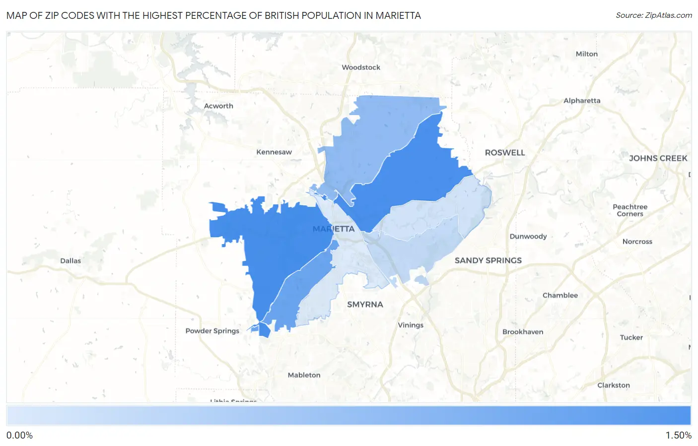 Zip Codes with the Highest Percentage of British Population in Marietta Map