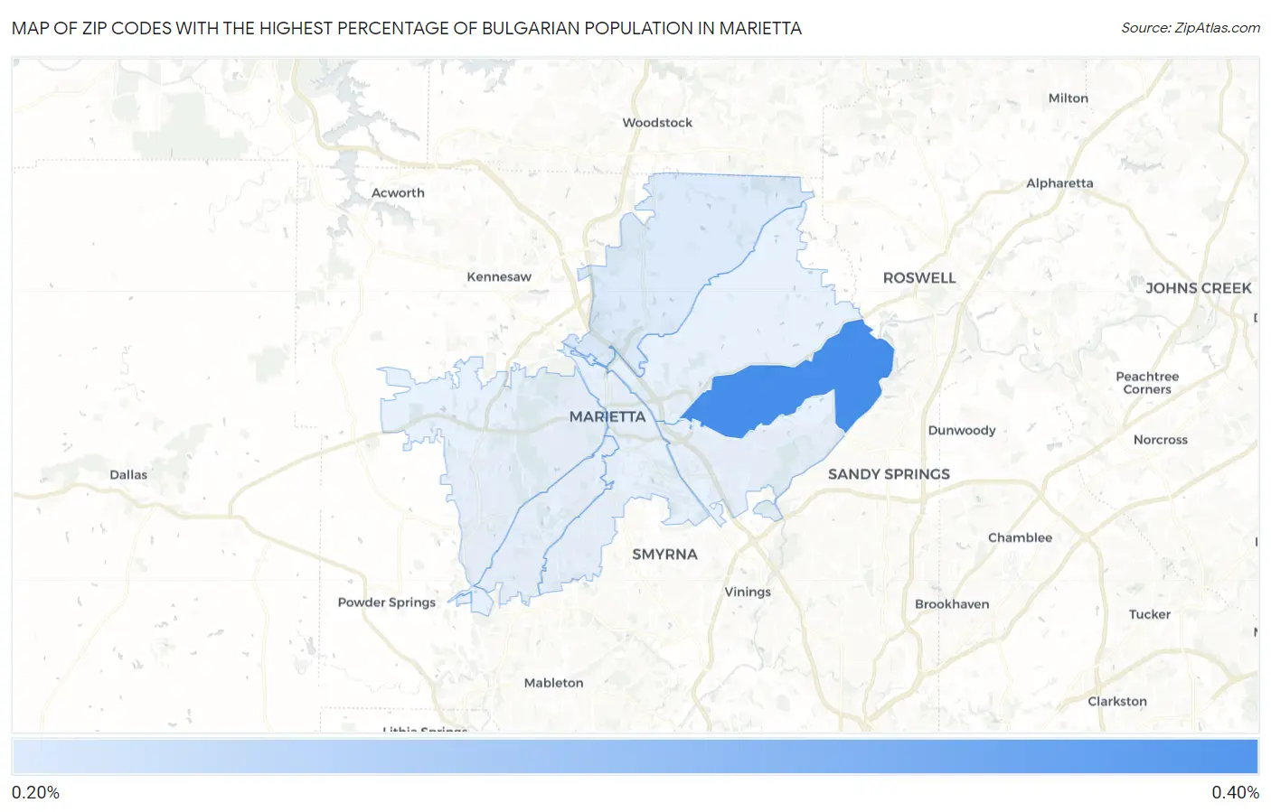 Zip Codes with the Highest Percentage of Bulgarian Population in Marietta Map
