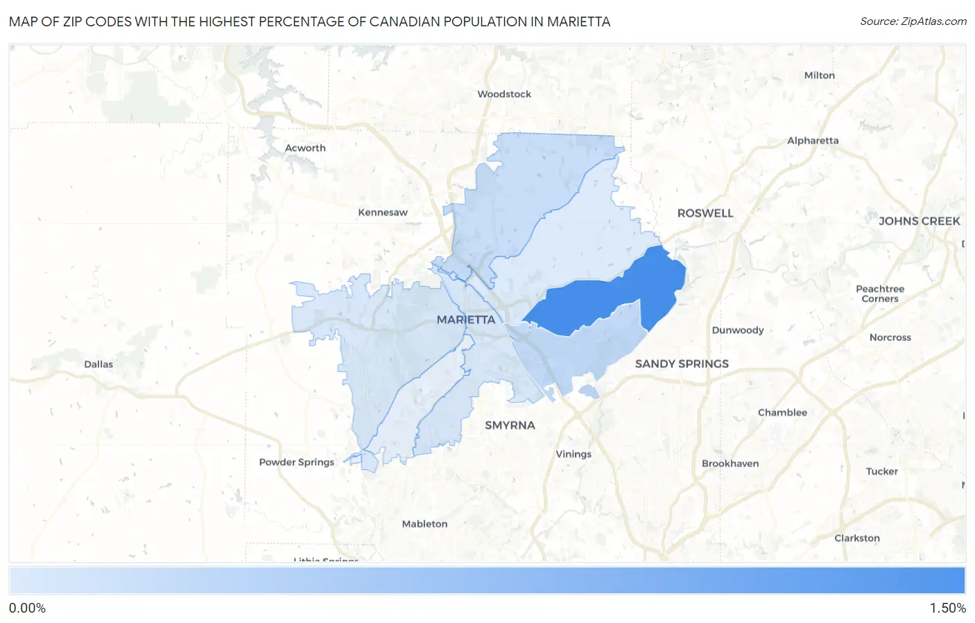 Zip Codes with the Highest Percentage of Canadian Population in Marietta Map