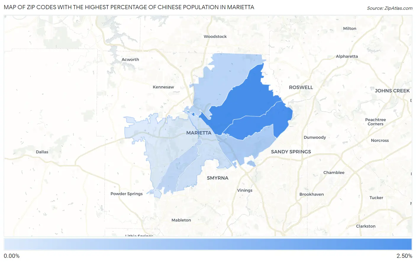 Zip Codes with the Highest Percentage of Chinese Population in Marietta Map