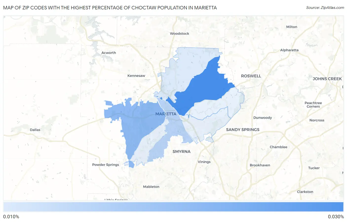 Zip Codes with the Highest Percentage of Choctaw Population in Marietta Map