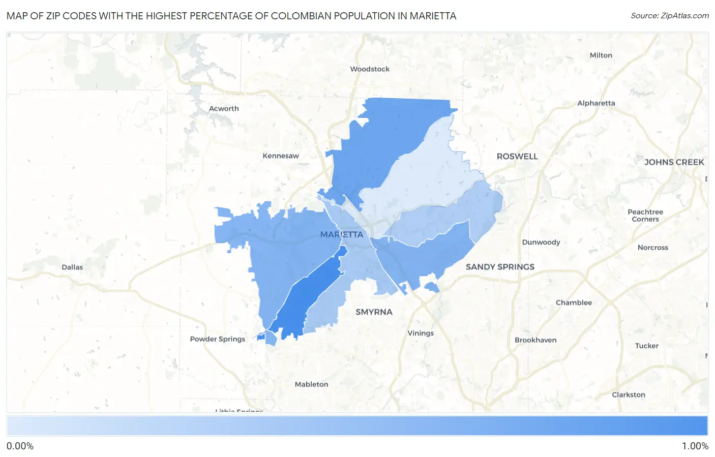 Zip Codes with the Highest Percentage of Colombian Population in Marietta Map