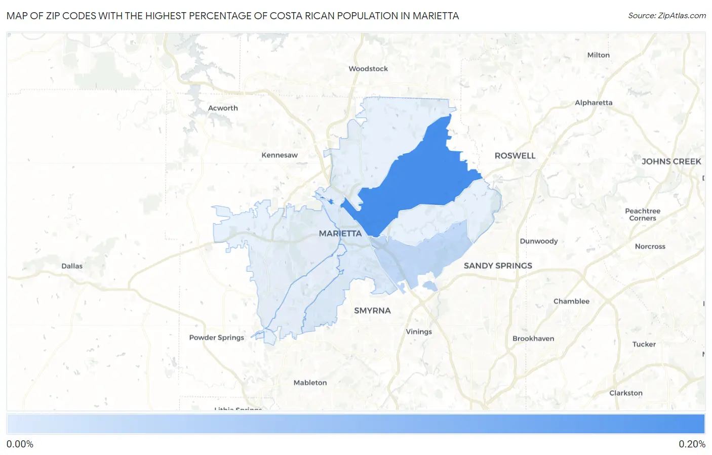 Zip Codes with the Highest Percentage of Costa Rican Population in Marietta Map