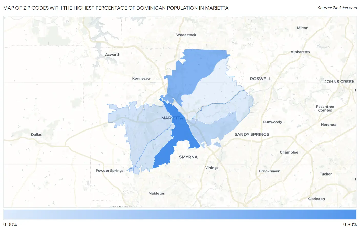 Zip Codes with the Highest Percentage of Dominican Population in Marietta Map