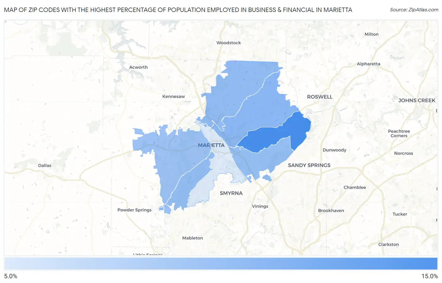 Zip Codes with the Highest Percentage of Population Employed in Business & Financial in Marietta Map