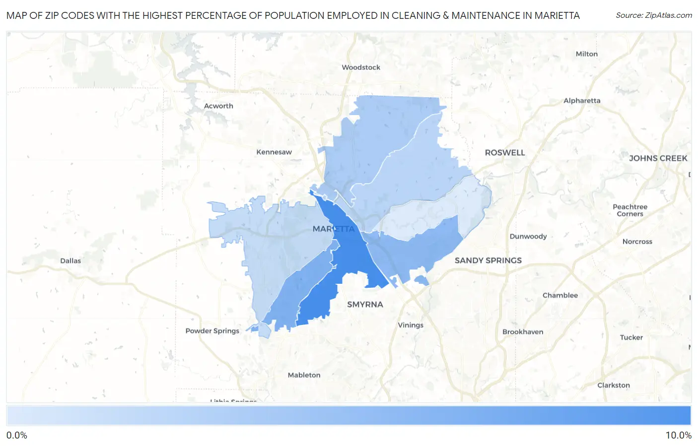 Zip Codes with the Highest Percentage of Population Employed in Cleaning & Maintenance in Marietta Map
