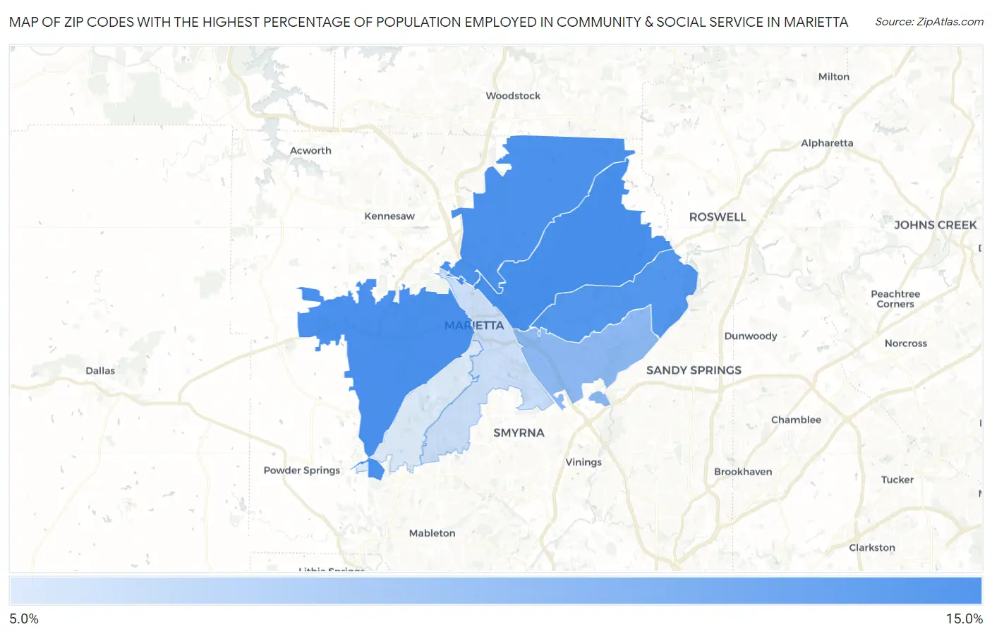Zip Codes with the Highest Percentage of Population Employed in Community & Social Service  in Marietta Map