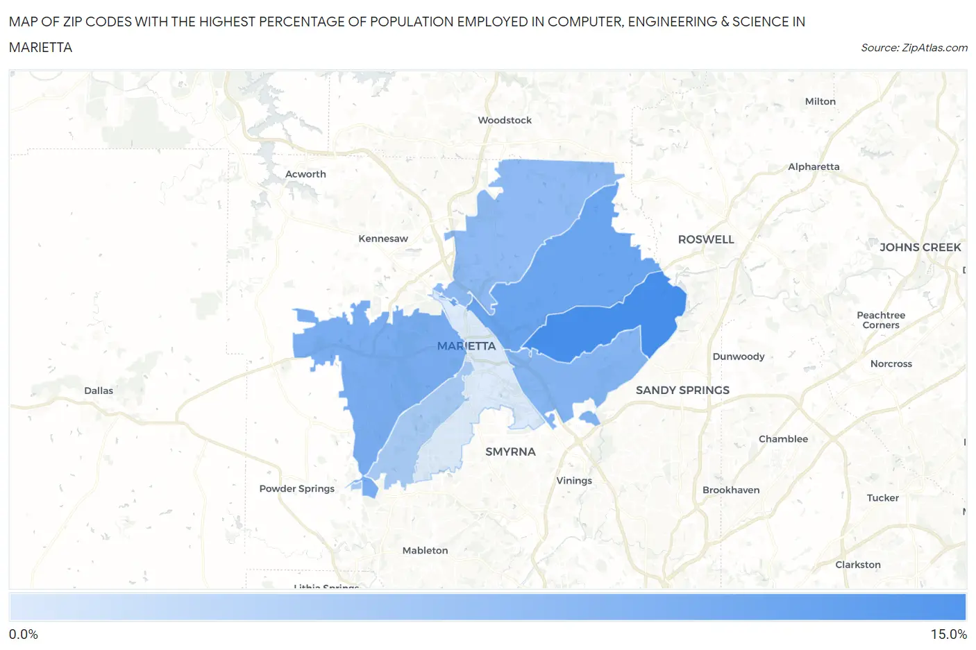 Zip Codes with the Highest Percentage of Population Employed in Computer, Engineering & Science in Marietta Map